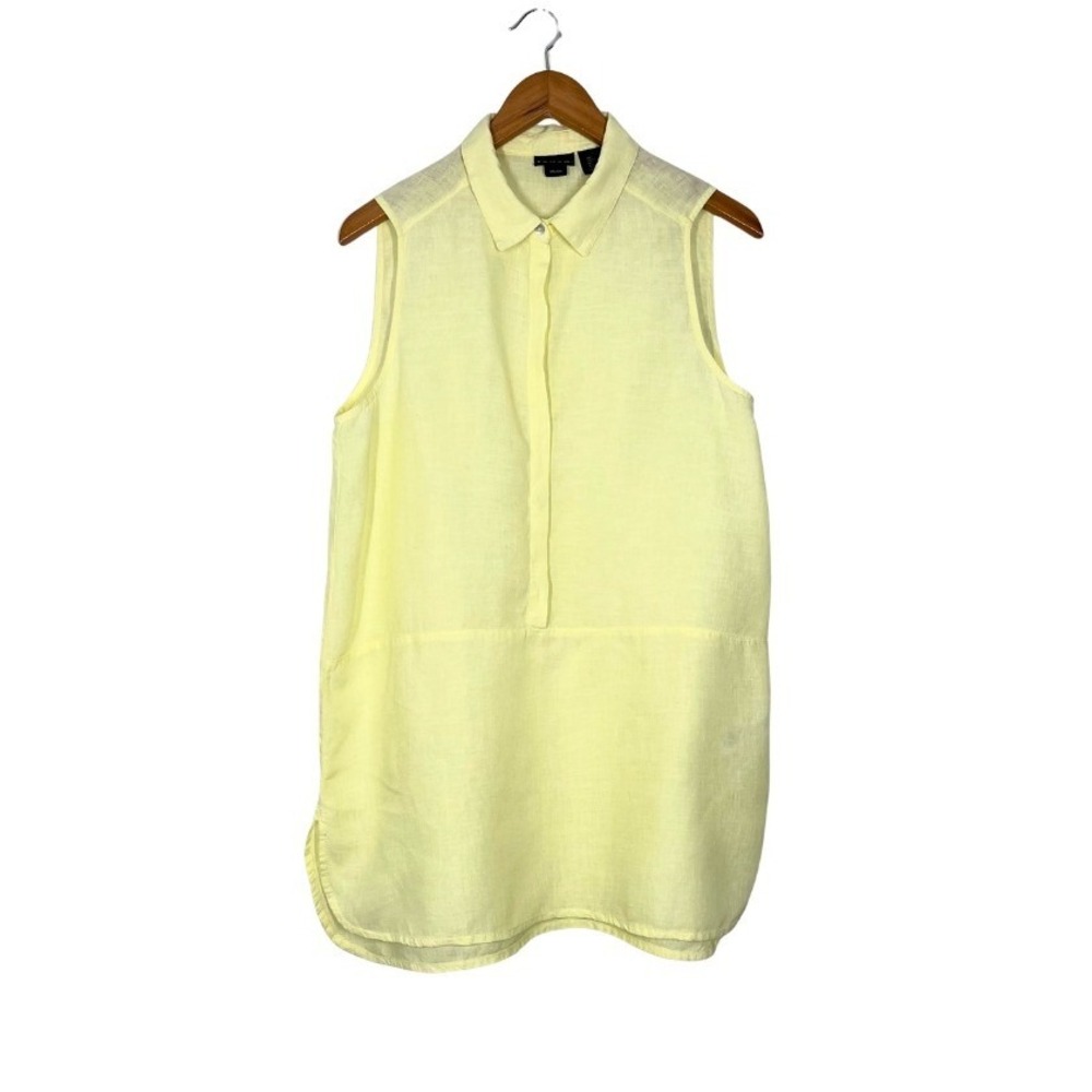 Tahari Womens Yellow 100% Linen Sleeveless Collared Tunic Top Size L